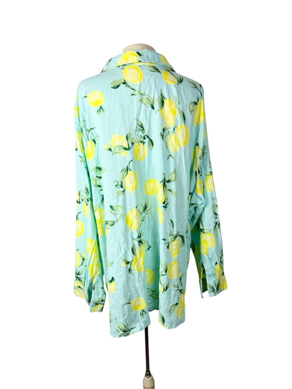 Belle Kim Gravel size 4X Aqua Yellow Lemon Linen Blend Long Sleeve Button Up Top - Picture 2 of 8